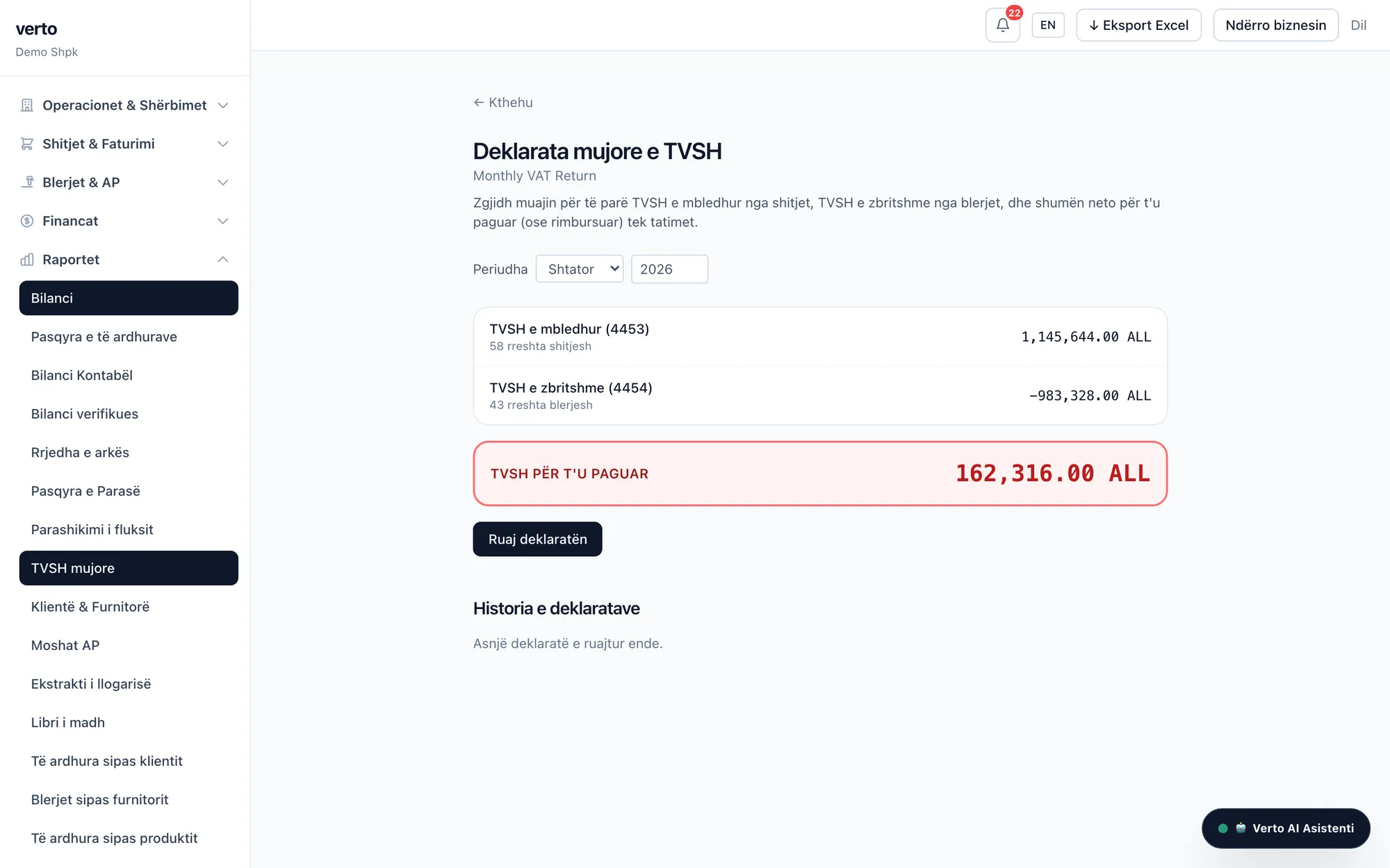 Deklarata mujore e TVSH-së në Verto, me të dhëna demonstruese